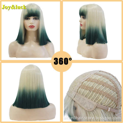 Wholesale Price Short Wig With Bangs Natural Straight Blonde Ombre Green Costume Party Halloween Day Cosplay Synthetic Wigs